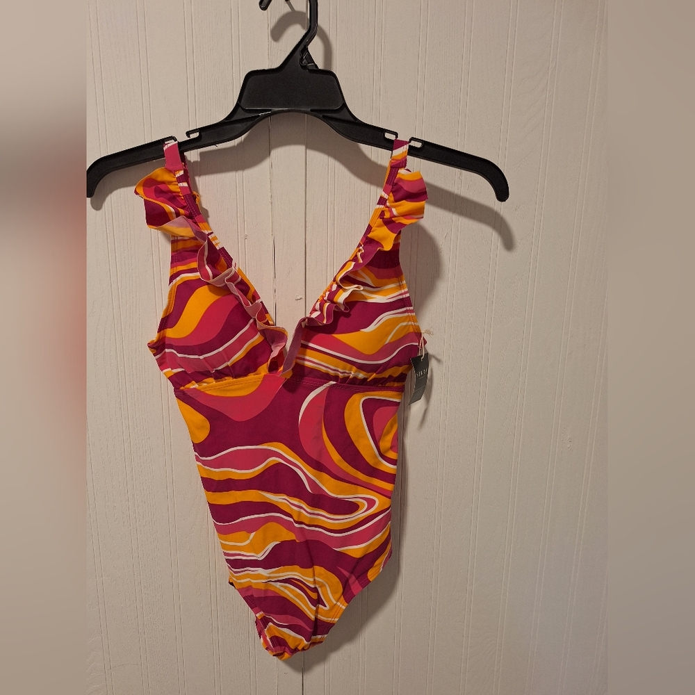 Serra Bright Multi-Color One Piece Swimsuit | Ruffled Chest | NWT